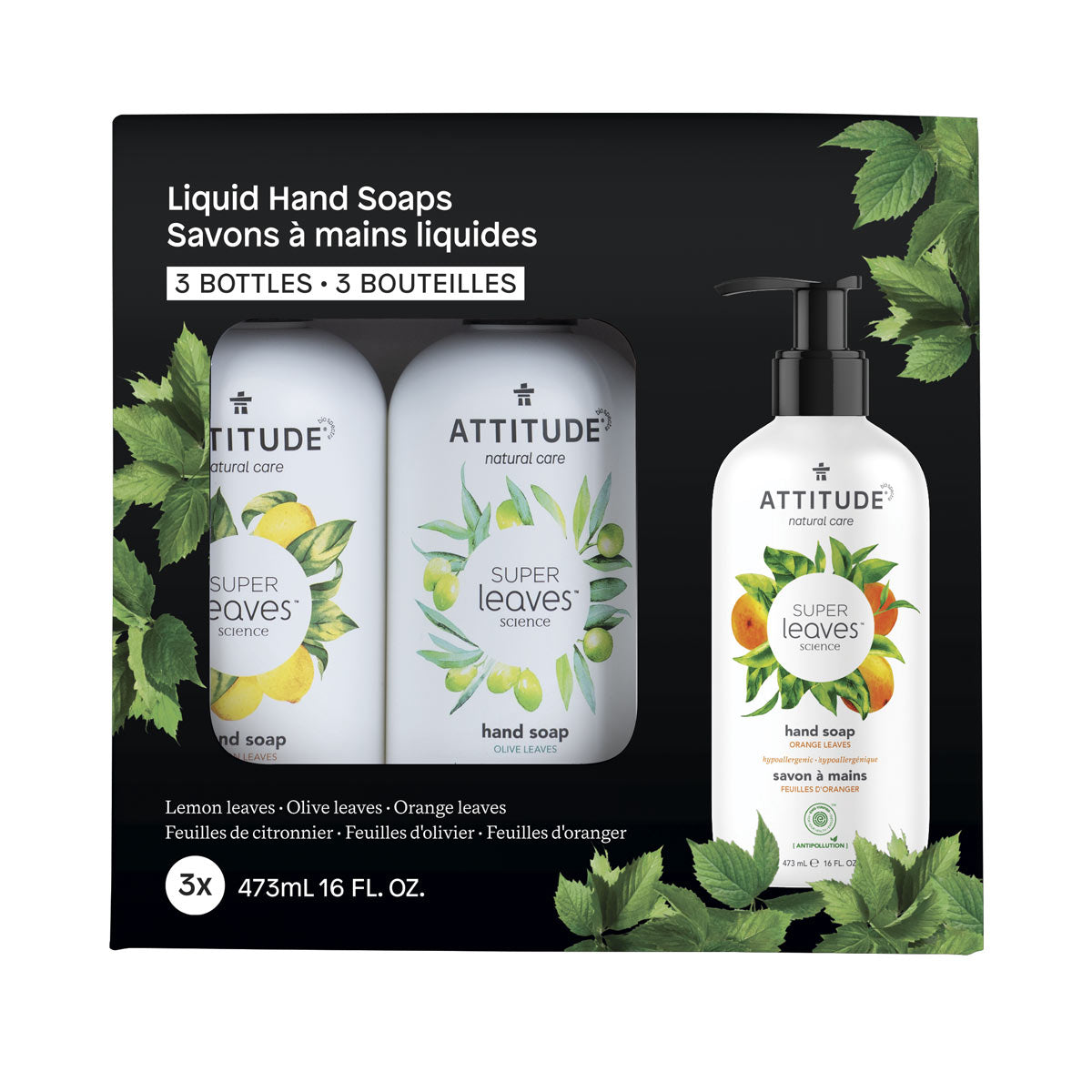 ATTITUDE Bundle of 3 Super leaves™ liquid hand soap - Lemon leaves, Olive leaves, Orange leaves_en?_hover?
